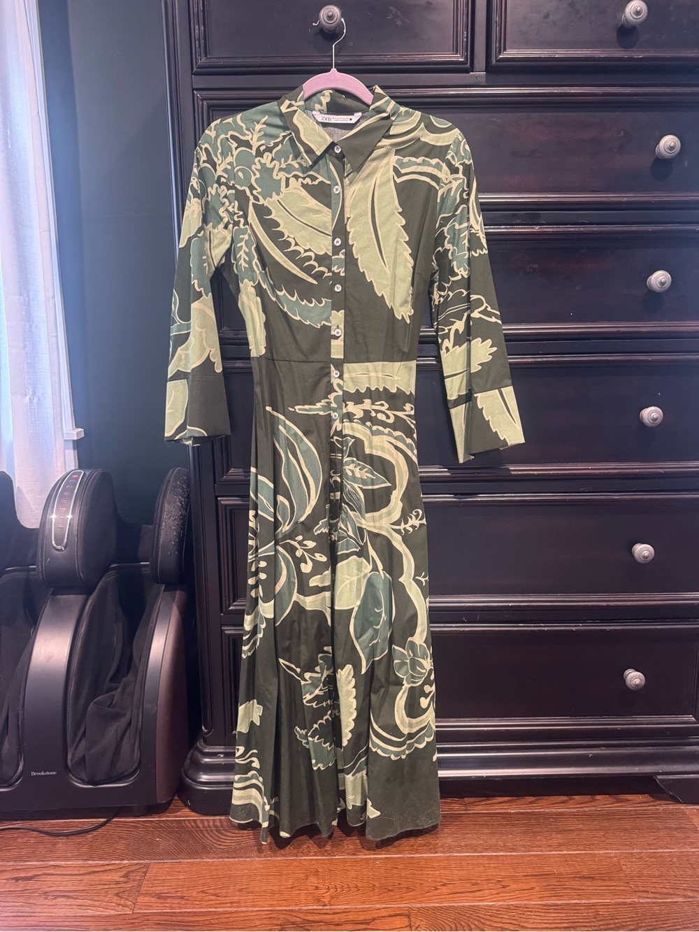 Zara Olive Green & Sage Floral Maxi Shirt Dress